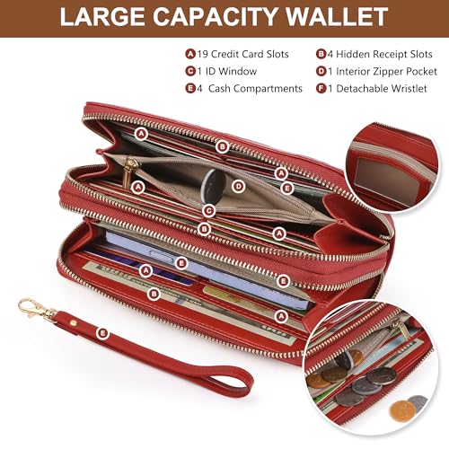 yiijay Womens Wallet RFID Blocking Large Capacity Vegan Leather Double Zip Wristlet Wallet Card Holder Travel Ladies Clutch - color: Red