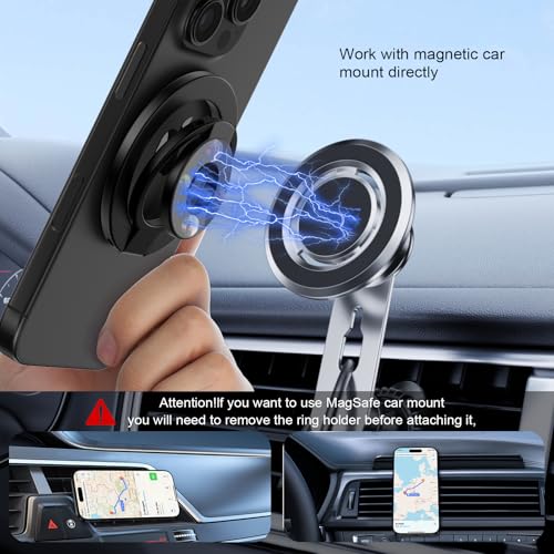 Magnetic Phone Ring Holder for MagSafe Gym Phone Grip Stand Finger Ring Kickstand Dual-Sided Magnetic Stand for iPhone 17 16 Pro Max 16e 15 14 13 12 Pro Max,Samsung,Compatible for Wireless Car Mount - color: Black