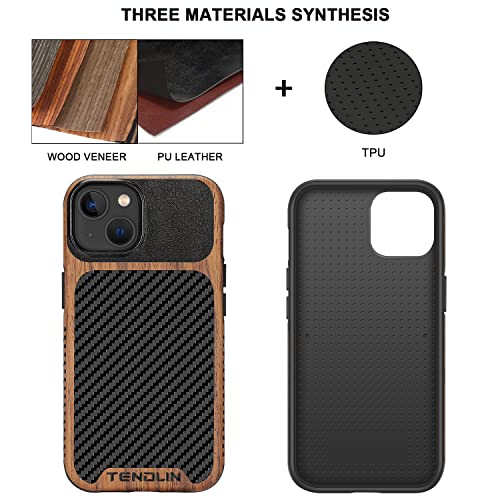 TENDLIN Compatible with iPhone 14 Case Wood Grain with Carbon Fiber Texture Design Leather Hybrid Slim Case Black - color: Black, size: iPhone 14