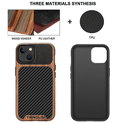 TENDLIN Compatible with iPhone 14 Case Wood Grain with Carbon Fiber Texture Design Leather Hybrid Slim Case Black - color: Black, size: iPhone 14