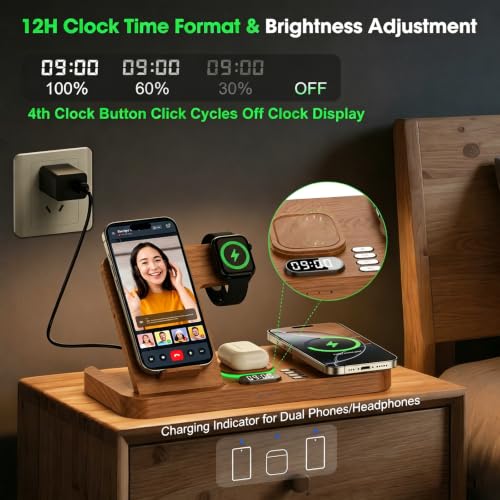 Dual Phone Foldable Wireless Charging Station for Apple, Couple&Family Use - color: Woodgrain