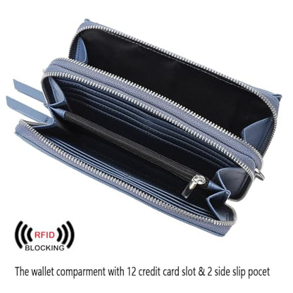 RFID Crossbody Wallet Wristlet Purse with Phone Pocket For Women Vegan Leather - color: Ch-retro Blue