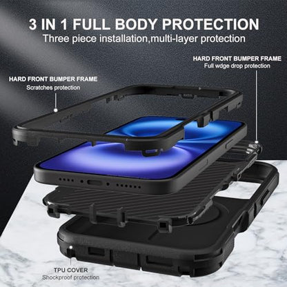 YKHJKLEC for iPhone 16 Case, Military Grade 3 in 1 Heavy Duty Shockproof/Drop Proof/Dust Proof with Kickstand Case, with 2 x Tempered Glass Screen Protector & 1 x Wrist Strap (ZJ-Black/Black) - color: ZJ-Black/Black