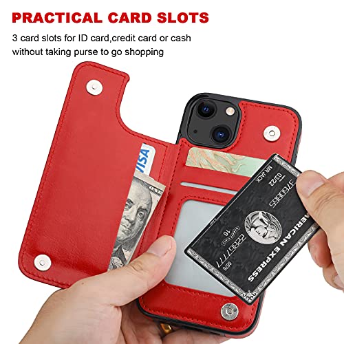 ONETOP for iPhone 13 Wallet Case with Card Holder,Red | Kickstand,ID/Cash Holder,Case Wallet with Card Slots,Double Magnetic Clasp,Durable PU Leather Shockproof Cover for Women Men - color: Red