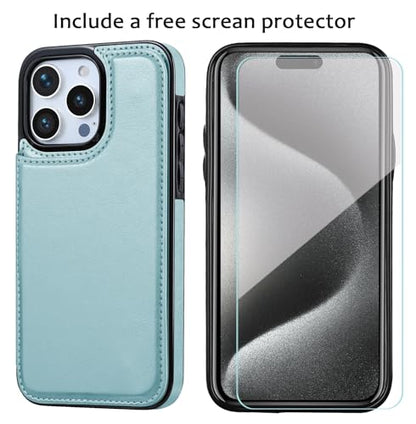Wallet Case Compated with iPhone 15 pro max 6.7", Slim Protective case with Card Holder,Premium PU Leather Kickstand Card Slots Case with Double Magnetic Clasp-Ice Blue - color: Ice Blue