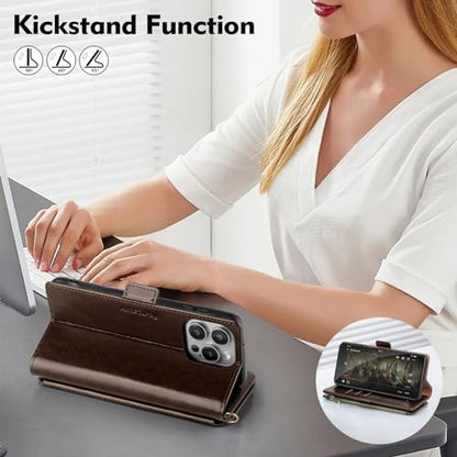 Antsturdy for iPhone 13 Pro Max Phone Wallet Case Women,Coffee | RFID Blocking,with Credit Card Holder Slots,PU Leather Purse,Zipper Pocket,Wrist Strap Kickstand,Flip Folio Cover for Men - color: A-Coffee