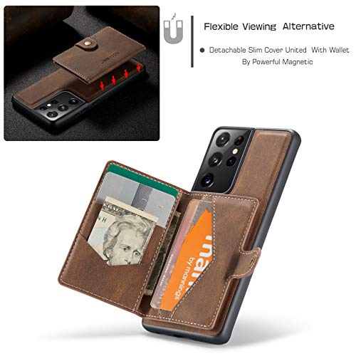 Simicoo Compatible with Samsung S22 Ultra Detachable Magnetic Wallet case Credit Card Holder Money Clip Front Pocket Stand Leather Men Women Wallet Double Shockproof Samsung S22 Ultra (Brown) - color: Brown