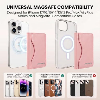 MagSafe Wallet Stand with ID Window, 7 Card Holder with RFID Blocking for MagSafe Phone and Case, Slim Leather Magnetic Wallet for iPhone 17e/17/16/15/14/13/12 Series(Pink) - color: Pink