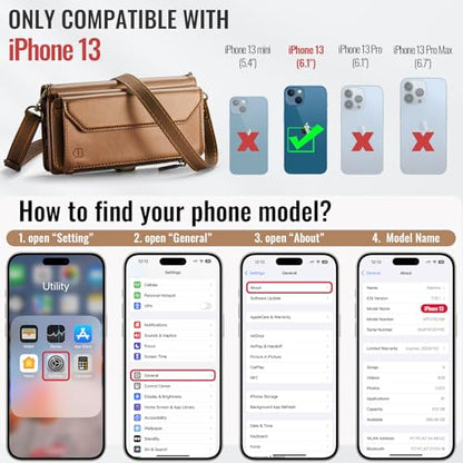 Strapurs Wallet Case Compatible with iPhone 13 RFID Blocking 7-Card Holder Soft PU Leather Magnetic Snap Shoulder Strap Zipper Pocket Phone Case Fit for iPhone 13 for Women 6.1" - Brown | RFID Blocking 7-Card Holder, Shoulder Lanyard, Wirst Strap, Zipper