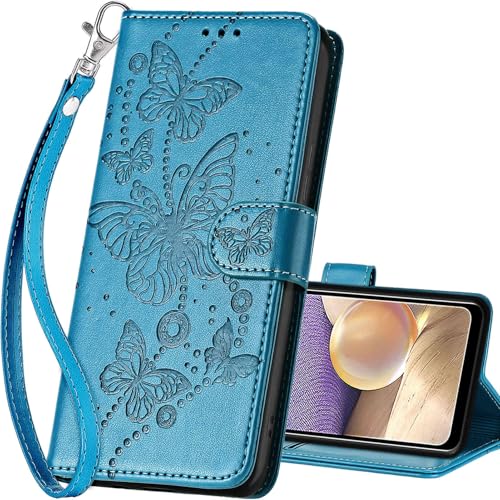 for Samsung Galaxy A32 5G Wallet case, Blue-Butterfly | 3 Card Holders, Kickstand, Shockproof TPU Shell, PU Leather, Magnetic Closure, Protective Flip Folio Cover, Women - color: 8
