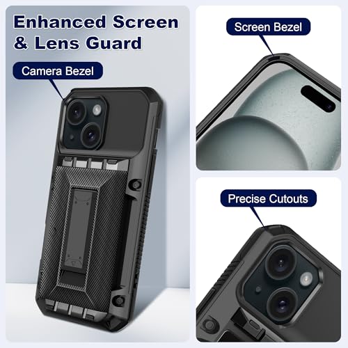 SAMONPOW for iPhone 15 Case with Card Holder [4 Cards] & Kickstand, Black - size: for iPhone 15