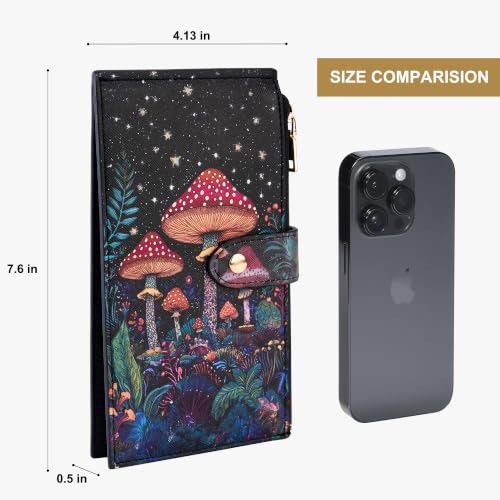 Travelambo RFID Wallet Women Large Size Bifold Multi Card Wallet Case with Zipper Pocke Credit Card Holder for Women - color: Black Mushroom