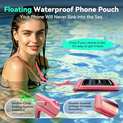 Floating Waterproof Phone Pouch 2 Pack - Dual Floatable Airbags Up to 7.2", IPX8 Waterproof Phone Dry Bag with Lanyard for Beach, for iPhone 17 16 15 Samsung Galaxy Etc., Pink + Green - color: Pink + Green
