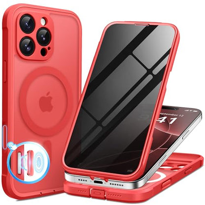 BERFY for iPhone 16 Pro Max Case, Compatible with MagSafe, Built-in Privacy Screen Protector, Camera Protection, Shockproof Full Body Phone Case 6.9", Translucent Red