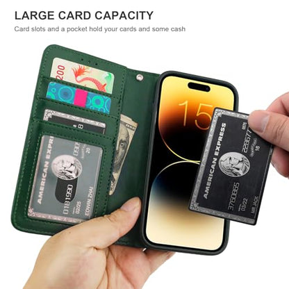 Bocasal Detachable Wallet Case Card Holder for iPhone 15, Green | RFID Blocking Kickstand Card Slots Holder PU Leather Magnetic Shockproof Wrist Strap Removable Flip Protective Cover 6.1 inch - color: Green