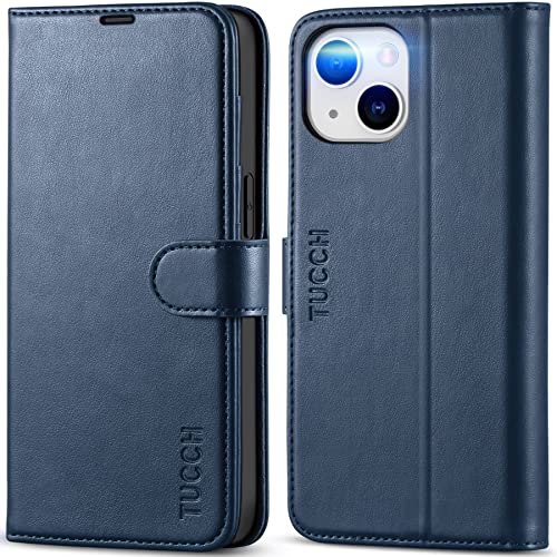 TUCCH Wallet Case for iPhone 14 (6.1") 2022, 4 Card Slots, Dark Blue | RFID Blocking, Viewing Stand, Shockproof TPU Shell, PU Leather, Magnetic Closure, Protective Folio Flip Cover - color: Dark Blue
