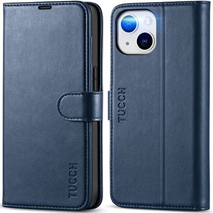 TUCCH Wallet Case for iPhone 14 (6.1") 2022, 4 Card Slots, Dark Blue | RFID Blocking, Viewing Stand, Shockproof TPU Shell, PU Leather, Magnetic Closure, Protective Folio Flip Cover - color: Dark Blue