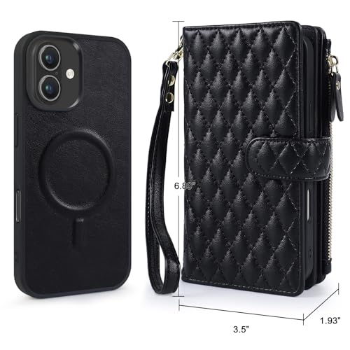 for iPhone 15 Plus/14 Plus Case Wallet,Compatible with MagSafe 2 in 1 Magnetic Detachable PU Leather RFID Blocking Wallet Cover Card Holder Zipper Wrist Strap Lanyard,Quilted Black - color: Quilted Black, size: iPhone 15 Plus/14 Plus