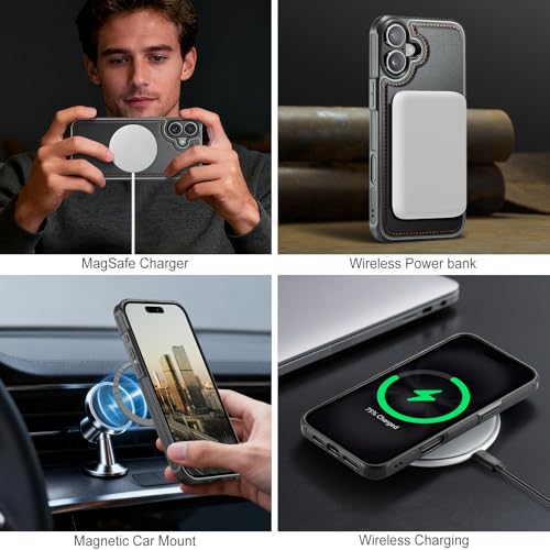 WJX for iPhone 16 Plus MagSafe Wallet Case, 2-in-1 Detachable Luxury Card Holder, Universal MagSafe Compatible, RFID Blocking, Shockproof Kickstand Slim Cover， Black - color: Black, size: iPone 16 Plus