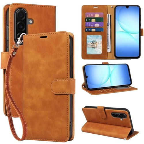 Wallet Case for Samsung Galaxy A17, RFID Blocking (Brown) | 4 card slots with ID window, cash pocket, wrist strap, stand function, magnetic closure, flip PU leather, TPU inner shell - color: Brown