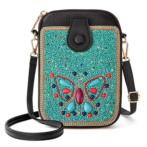 Women's Small Crossbody Cell Phone Bag, Boho Colorful Beaded Purse Wallet with Handmade Cute Patterns - color: Butterfly-blue