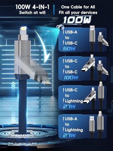 4 in 1 Charging Cable 100W,USB C and Lightning cable 2 in 1 iphone 16 Charger cord 10 FT Fast Charging USB C Cable Multi Charging Cable with E-Mark Chip for iPhone 16/15/14/13、12/11/Pad/Android/Tablet