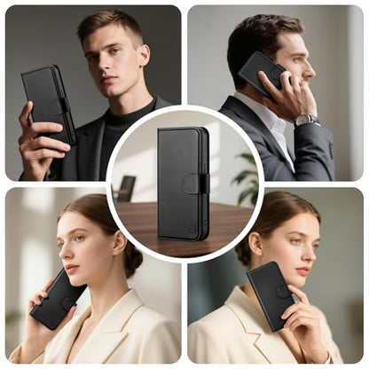 Compatible with iPhone 14 Pro Max Genuine Leather Case Wallet with Card Holder,Women Men Real Leather Flip Folio RFID Blocking Credit Card Slots Phone Cover,for Apple 14 ProMax,Black - color: Black, size: iPhone 14 Pro Max - 6.7"