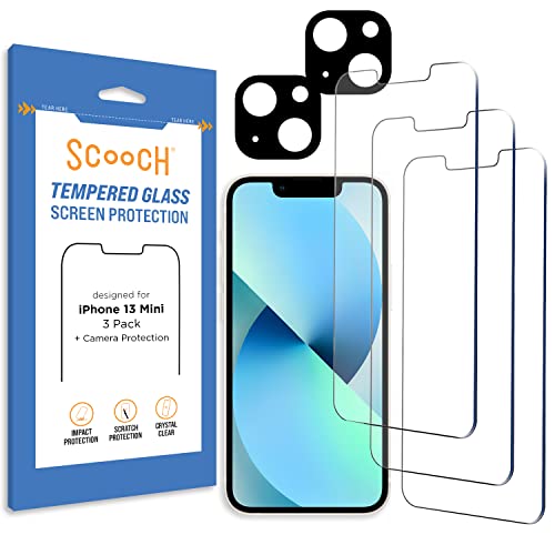 Scooch® Tempered Glass Multipack for iPhone 13 Mini, 3 Screen Protectors and 2 Camera Lens Protectors, Premium 9H Tempered Glass, Anti-Scratch, Anti-Fingerprint, Impact Resistant - size: iPhone 13 Mini
