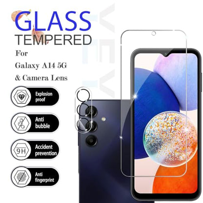 Galaxy A14 HD Clear Tempered Glass Screen Protector + Camera Lens Protectors, [2+2 Pack] [3D Glass] [Anti-Glare] [Bubble-Free] Screen Protector Glass For Samsung Galaxy A14 - size: Galaxy A14