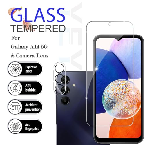 Galaxy A14 HD Clear Tempered Glass Screen Protector + Camera Lens Protectors, [2+2 Pack] [3D Glass] [Anti-Glare] [Bubble-Free] Screen Protector Glass For Samsung Galaxy A14 - size: Galaxy A14