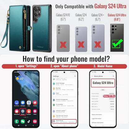 Defencase for Galaxy S24 Ultra Case Wallet Compatible with Magsafe, Green | Magnetic Detachable, RFID Bolcking Card Holder, Zipper Strap, PU Leather Drop-Proof Phone Cover for Samsung Galaxy S24 Ultra - color: (Detachable with Magsafe)-Blue Green