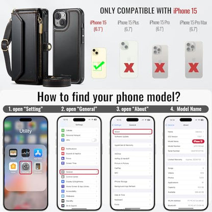 Strapurs for iPhone 15 Magnetic Detachable Wallet Phone Case, Black - color: (Detachable with Magsafe)-Black, size: iPhone 15 - 6.1"