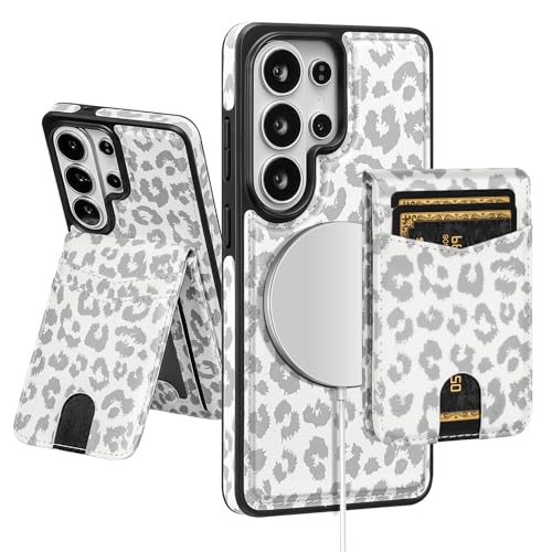 SkyEagle Compatible Magsafe 2 in 1 Detachable Samsung Galaxy S26 Ultra Wallet Case Card Holder Women Men,Magnetic PU Leather Phone Case RFID Blocking Flip Kickstand Credit Slots,Leopard-White