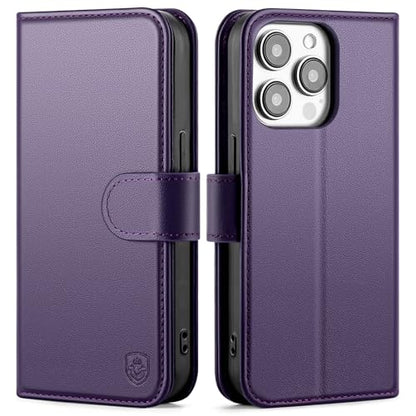 Compatible with iPhone 14 Pro Genuine Leather Case Wallet with Card Holder,Women Men Real Leather Flip Folio RFID Blocking Credit Card Slots Stand Phone Cover,for Apple 14 Pro 6.1,Purple - color: Purple, size: iPhone 14 Pro - 6.1"