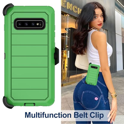 for Samsung Galaxy S10 Case with Belt Clip Holster, 2 x Screen Protector, [Military Grade Drop Protection] Heavy Duty Full Body Shockproof Rugged Protective Cover for Samsung Galaxy S10 (Green) - color: Green/Black