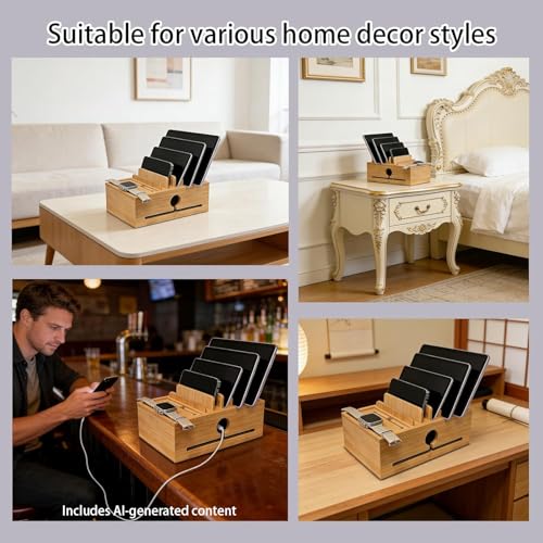Bamboo Charging Station Organizer for Multiple Devices with 5 Cables