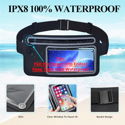Black Fanny Pack for Women Waterproof Dry Bag for Paddle Boarding Men Kayak Snorkeling Swimming Boat Float Beach Travel,Water Proof Waist Bag Fit Phone iPhone Pro Max Running Belt Pouch Bags - style: 02-100% Waterproof With Clear Window