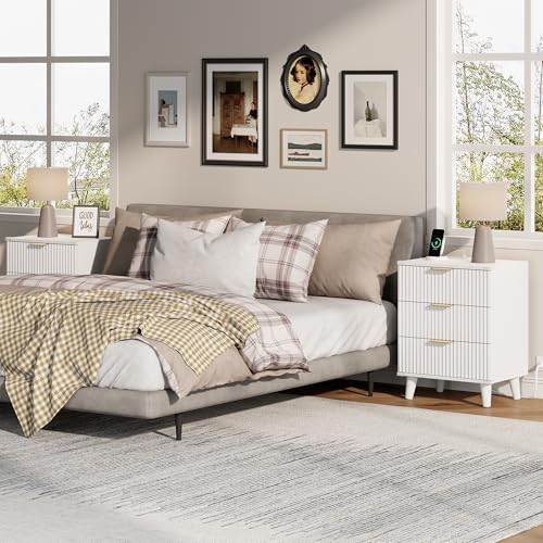 Lulive Wood Bedside Table w/Charging Station, 3 Drawers Fluted Dresser - color: White, size: 3 Drawers-Set of 1 Nightstand