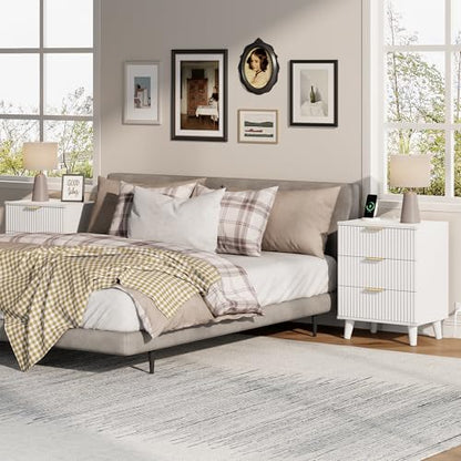 Lulive Wood Bedside Table w/Charging Station, 3 Drawers Fluted Dresser - color: White, size: 3 Drawers-Set of 1 Nightstand