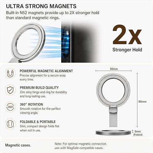 Magnetic Phone Grip Holder for MagSafe, 360° Rotating Ring Stand Kickstand with Silicone Finger Strap, Strong Magnetic Phone Holder for iPhone 17/16/15/14/13/12 & Android (Silver White) - color: Silver White