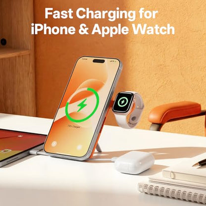 Q Magnetic Wireless Portable Charger 10,000mAh, Travel Essentials Power Bank with Built-in Cables & Foldable Stand, External Battery Pack Compatible with iPhone 17/16/15/14/13/12, Apple Watch - color: Orange