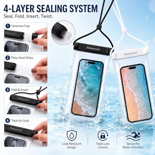 OKEA 2-Pack IPX8 Waterproof Phone Pouch, Universal Cellphone Dry Bag for Devices up to 7.2", Touchscreen & Underwater Photo Friendly, Secure Knob Lock Case for Swimming, Diving, Beach, Travel Clear