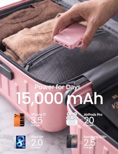 45% Smaller Portable Charger, 15000mAh Power Bank Built-in 4 Cables, Pink - color: Pink