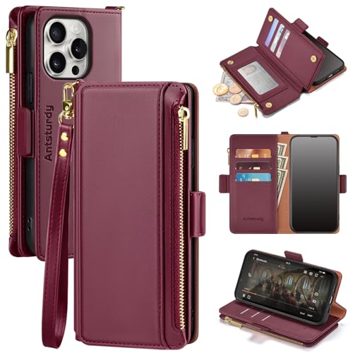 Antsturdy for iPhone 16 Pro Max Phone Wallet Case Women,Wine Red | RFID Blocking,with Credit Card Holder Slots,PU Leather Purse,Zipper Pocket,Wrist Strap Kickstand,Flip Folio Cover for Men - color: Wine Red