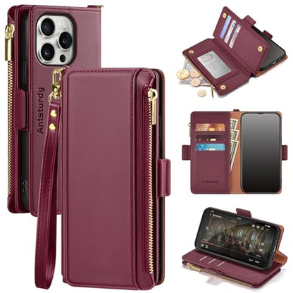 Antsturdy for iPhone 14 Pro Phone Wallet Case Women,Wine Red | RFID Blocking,with Credit Card Holder Slots,PU Leather Purse,Zipper Pocket,Wrist Strap Kickstand,Flip Folio Cover for Men - color: Wine Red