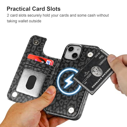 HAOPINSH for iPhone 14 Case Wallet Compatible with MagSafe Wireless Charging, Black Leopard Pattern Back Flip Folio RFID Blocking Leather Kickstand Card Slots Case Double Magnetic Clasp Cover 6.1" - color: Black Leopard MagSafe