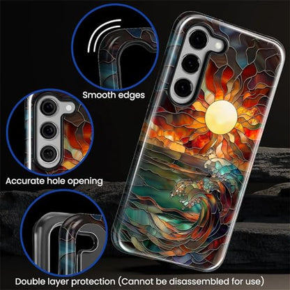Case for Samsung Galaxy S23, 2 in 1 PC Hard Shell & Silicone Inner Bumper, AntiScratch Fullbody Cover Shockproof Slim Design Stained Glass Sun Waves - color: Stained Glass Sun Waves, size: Galaxy S23