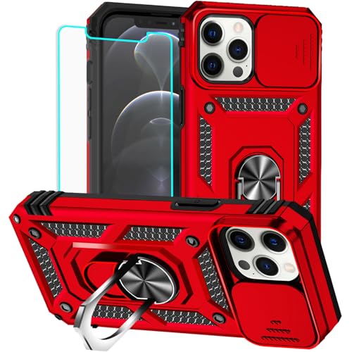 HNHYGETE for iPhone 12 Pro Max Case with Screen Protector: [Military Grade 20ft. Drop Tested] Slide Camera Cover Ring Shockproof Protective Phone Case for - iPhone 12 Pro Max (Red) - color: Red, size: iPhone 12 Pro Max