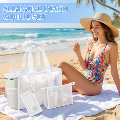 3-Piece Iridescent Beach Bag Set for Women, Large PVC Pool Bag Set | Includes Summer Beach Tote, Cosmetic Bag and Touchscreen Phone Pouch for Pool, Travel and Vacation - color: White