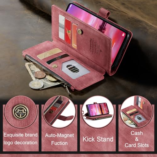 Samsung Galaxy S24 5G Wallet Case with Card Holder Kickstand Magnetic Zipper Pocket Lanyard Strap Wristlet,Leather Flip Case Wallet for Samsung Galaxy S24 5G 6.2 Inch(Red) - color: Red, size: S24 5G 6.2 Inch